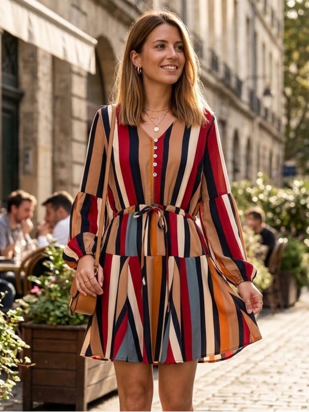Entro Striped Balloon Sleeve Mini Dress Size Large D12954 Boho